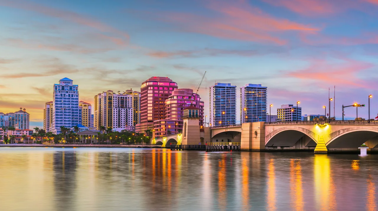 The West Palm Beach skyline at sunset, across the Intracoastal